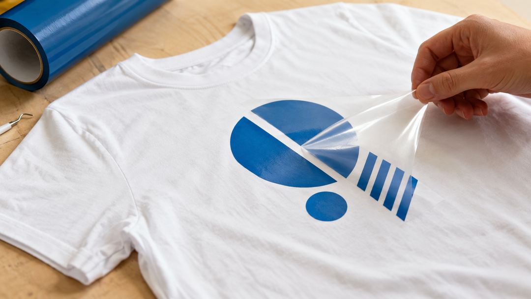 Aplicación de vinil textil azul sobre una franela blanca, retirando la lámina transparente.