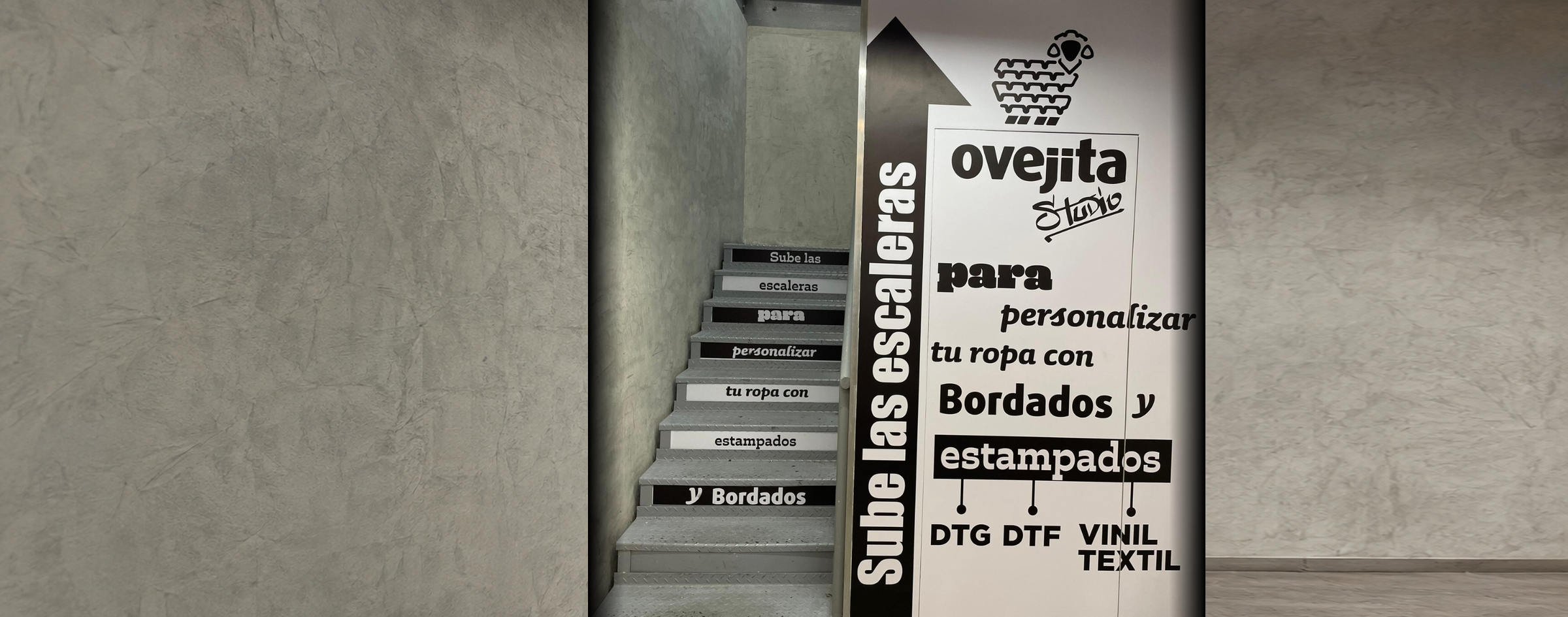 Entrada y escalera de Ovejita Studio para personalización de prendas